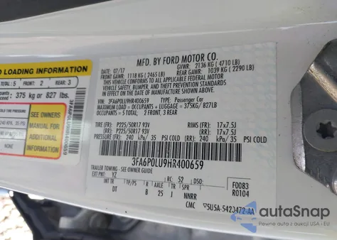 2017 Ford Fusion Hybrid Se z USA, uszkodzony, nr VIN 3FA6P0LU9HR400659